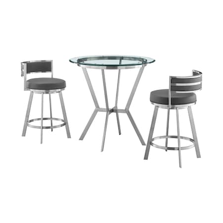 Armen Living Naomi and Roman 3-Piece Counter Height Dining Set in Brushed Stainless Steel and Gray Faux Leather SETNMRMGRBS3